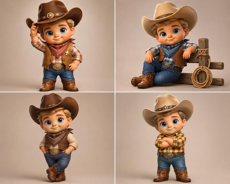May include: A collection of four stylized figurines depicting a young character dressed in western attire. Each figure wears a cowboy hat, a plaid shirt, a vest, blue jeans, and cowboy boots, with various accessories like bandanas and a lasso.
