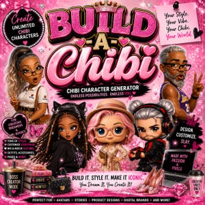 May include: A vibrant pink graphic featuring the text Build A Chibi, Chibi Character Generator, and various chibi-style dolls with diverse features, hairstyles, and outfits. The image includes accessories like a laptop, books, and a mug, all set against a glittery background with additional text elements like Your Style. Your Vibe. Your Chibi. Your World.