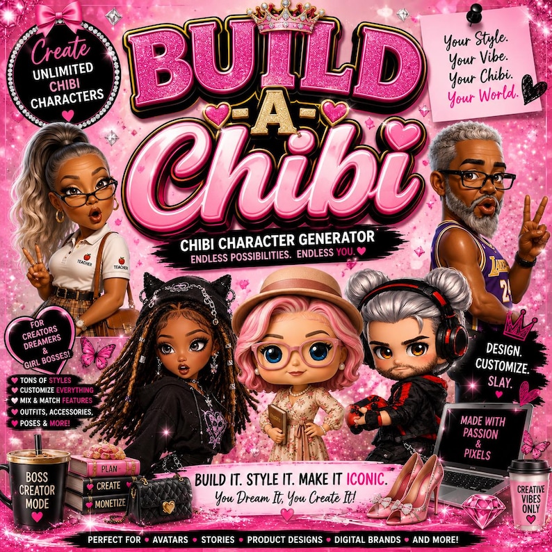 May include: A vibrant pink graphic featuring the text Build A Chibi, Chibi Character Generator, and various chibi-style dolls with diverse features, hairstyles, and outfits. The image includes accessories like a laptop, books, and a mug, all set against a glittery background with additional text elements like Your Style. Your Vibe. Your Chibi. Your World.
