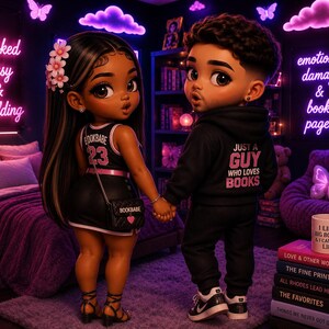 May include: Two stylized figures holding hands in a room with neon signs reading Booked Busy & Building and emotional damage & book pages. The female figure wears a black jersey with BOOKBABE 23 and a matching bag. The male figure wears a black hoodie with JUST A GUY WHO LOVES BOOKS.