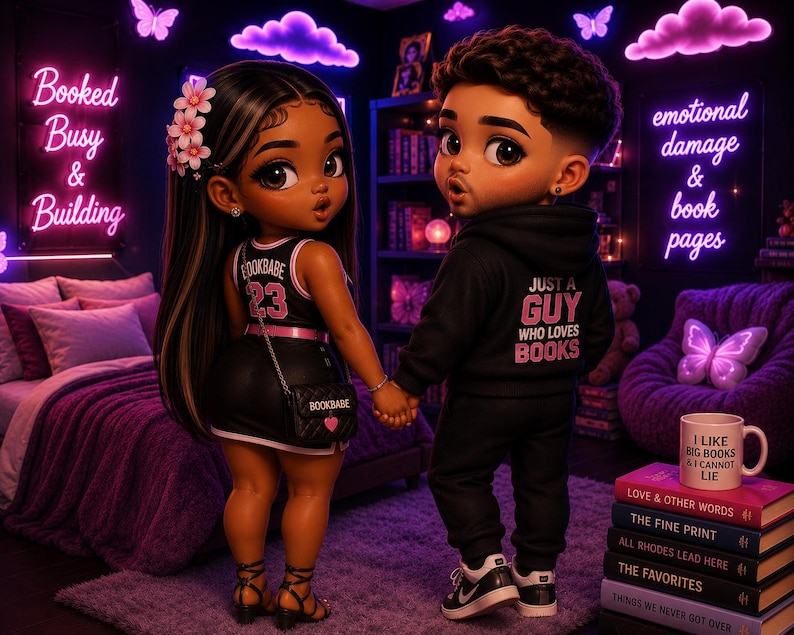 May include: Two stylized figures holding hands in a room with neon signs reading Booked Busy & Building and emotional damage & book pages. The female figure wears a black jersey with BOOKBABE 23 and a matching bag. The male figure wears a black hoodie with JUST A GUY WHO LOVES BOOKS.