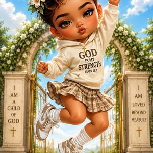 May include: A stylized illustration of a child wearing a cream-colored hoodie with the text 'GOD IS MY STRENGTH PSALM 28:7', a brown plaid pleated skirt, white socks, and tan and white sneakers. The child has a white flower in their hair.