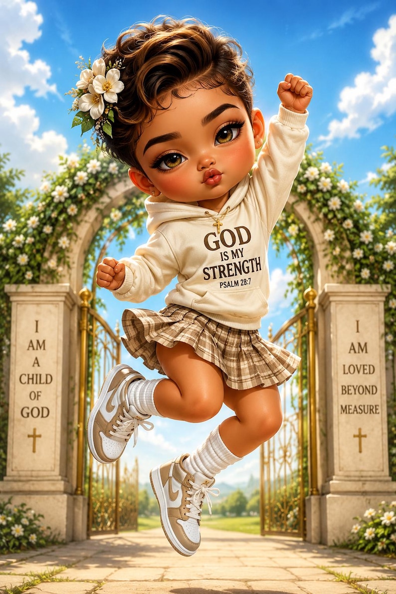 May include: A stylized illustration of a child wearing a cream-colored hoodie with the text 'GOD IS MY STRENGTH PSALM 28:7', a brown plaid pleated skirt, white socks, and tan and white sneakers. The child has a white flower in their hair.