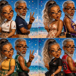 May include: A composite image featuring four variations of a cartoon-style couple. The figures have gray hair, glasses, and are making peace signs. They wear various outfits including polo shirts with teacher labels, floral dresses, and sports jerseys.