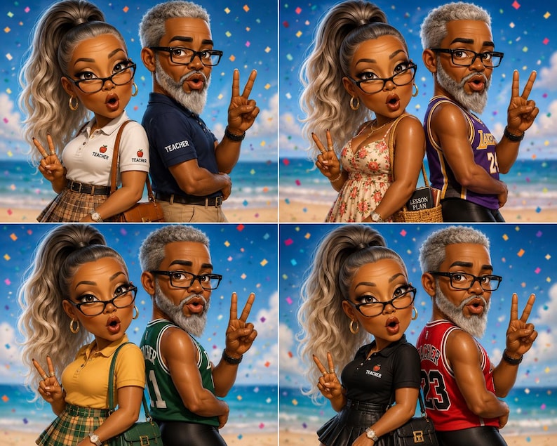 May include: A composite image featuring four variations of a cartoon-style couple. The figures have gray hair, glasses, and are making peace signs. They wear various outfits including polo shirts with teacher labels, floral dresses, and sports jerseys.