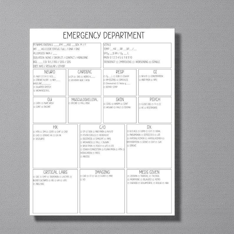 Er Notes Format Guide Emergency Department Nurse Charting Sheet • ER Chart Template • ED ...