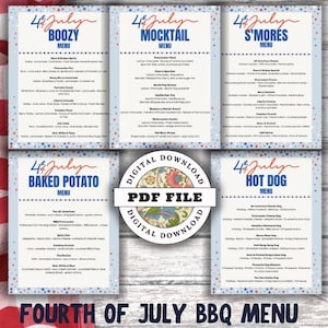Fourth of July BBQ Menu Bundle–Printable Patriotic Cookout Menus–Digital Download–S&#39;mores,Hot Dog Bar, Baked Potato Bar,Mocktail & Boozy Bar