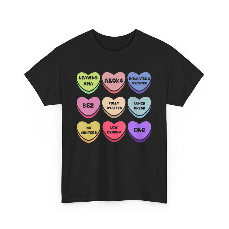 T-shirt coeurs bonbon infirmière, chemise humour Saint-Valentin, vêtements d'infirmière unisexe, t-shirt graphique drôle de Saint-Valentin, cadeau Saint-Valentin Black
