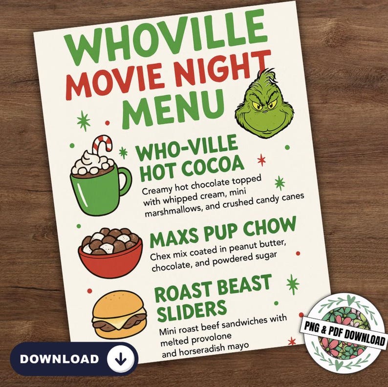 Whoville Movie Night Menu Printable Grinch Party Food Sign Christmas 