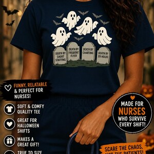 Rolig Halloween-sjuksköterska | Död av kort bemanning-t-shirt | Halloween-t-shirt för akutsjuksköterska | Spöksjuksköterska-t-shirt | Sjuksköterskeveckans gåva | Unisex-t-shirt