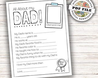 All About My Dad Printable Worksheet | Father’s Day Kids Activity | Fun Dad Questionnaire | Instant PDF Download | Keepsake Gift