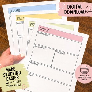 May include: A set of white paper study templates featuring coloured headers in blue, yellow, green, and pink. Each sheet includes sections labelled Disease, Pathophysiology, Signs & Symptoms, Complications, Interventions, and Treatment for medical notes.