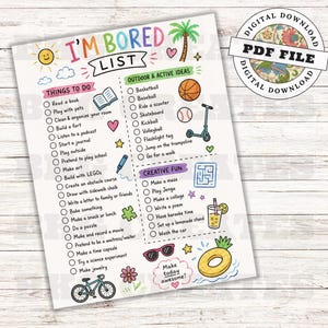 Könnte beinhalten: Eine farbenfrohe, druckbare "Ich langweile mich Liste" mit lustigen Aktivitätsideen. Die Liste umfasst Dinge zum Erledigen, Outdoor-Aktivitäten und kreative Optionen. Das Bild hat ein digitales Download-Banner.