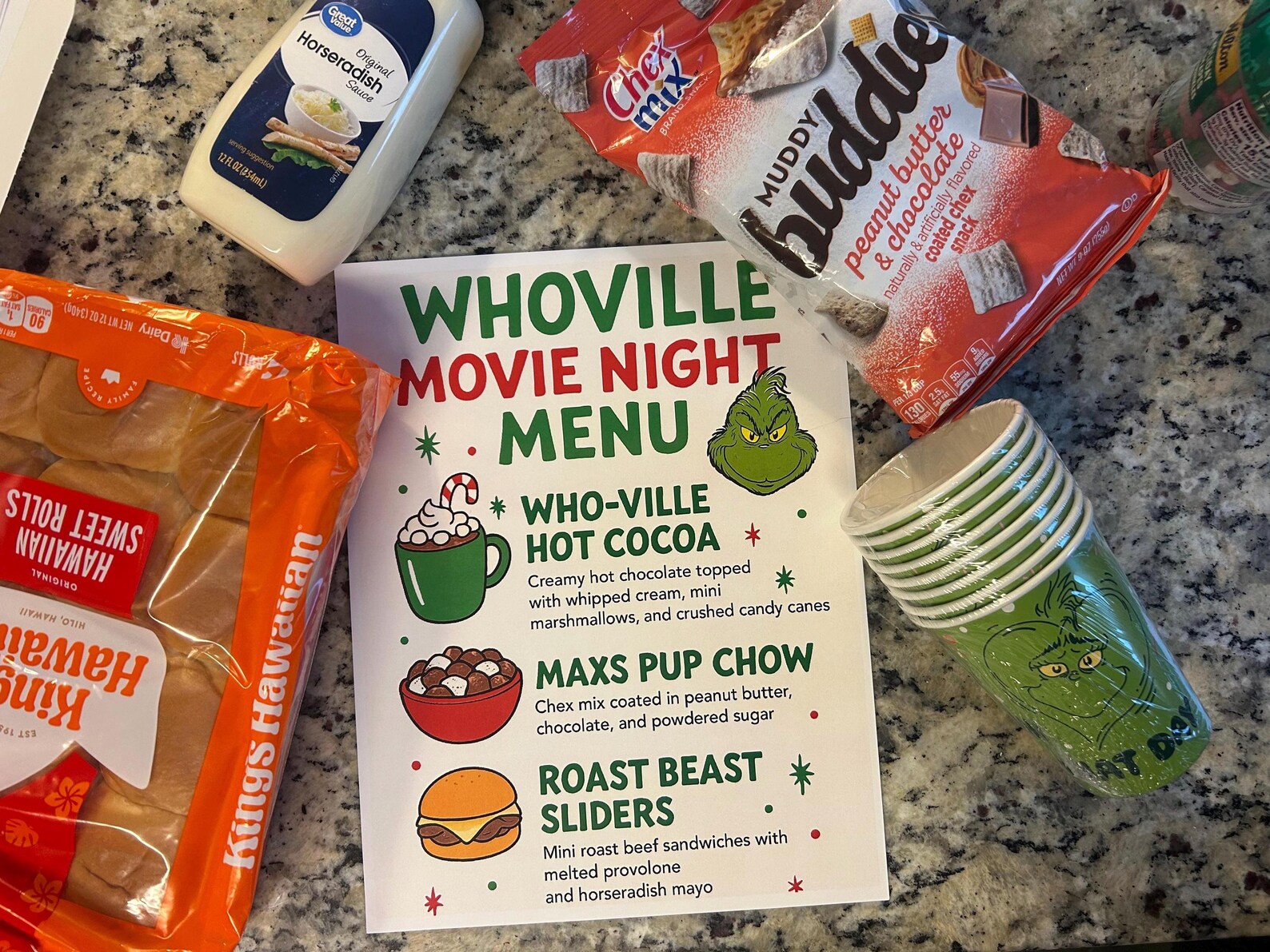 Whoville Movie Night Menu Printable Grinch Party Food Sign Christmas 