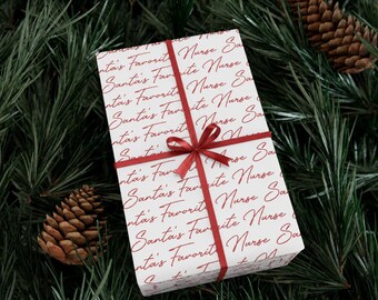 Santa’s Favorite Nurse Wrapping Paper, Christmas Gift Wrap for Nurse, Red Script Nurse Holiday Paper, Funny Nurse Christmas Gift Wrap
