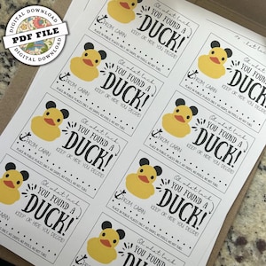Può includere: Otto etichette stampabili con un'illustrazione di un'anatra di gomma gialla e il testo "Oh what luck, you found a duck! Keep or hide you decide!" Le etichette sono progettate per un gioco di caccia all'anatra e includono il testo "From Cabin" e "Place in public places only. No shops, no pools, no hot tubs."