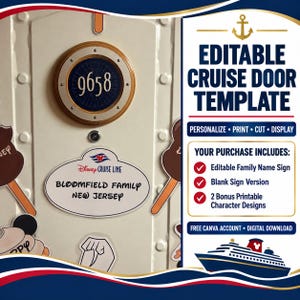 Puede incluir: Una plantilla editable para puerta de crucero que muestra una puerta blanca con un letrero circular de número de camarote 9658, una placa ovalada de Disney Cruise Line para la familia Bloomfield de Nueva Jersey y recortes decorativos.