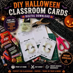 May include: DIY Halloween classroom cards digital download featuring white cards with black spiderweb graphics and the text Have a Fang-Tastic Halloween. Includes plastic vampire fangs, a hole punch, scissors, and assorted candy bars like Reese's, KitKat, and Twix.
