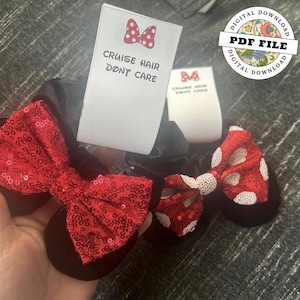 Puede incluir: Dos lazos para el pelo inspirados en Minnie Mouse, rojos y blancos, con scrunchies de terciopelo negro. Los lazos están hechos de lentejuelas rojas con lunares blancos. Una tarjeta blanca con el texto "Cruise hair don't care" está en el fondo.