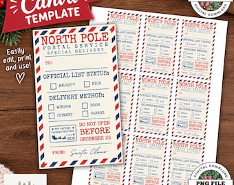 Peut inclure: Un modèle d'étiquette de livraison spéciale du service postal du pôle Nord avec des bordures rayées diagonales rouges et bleues, des cases à cocher pour le statut gentil ou vilain, les méthodes de livraison et un tampon Toy Factory.