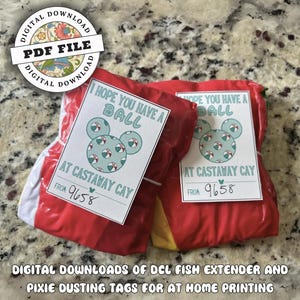 May include: Two red and yellow fabric bags with white tags attached. The tags have a Mickey Mouse head with a beach ball design and the text "I hope you have a ball at Castaway Cay from 9658".