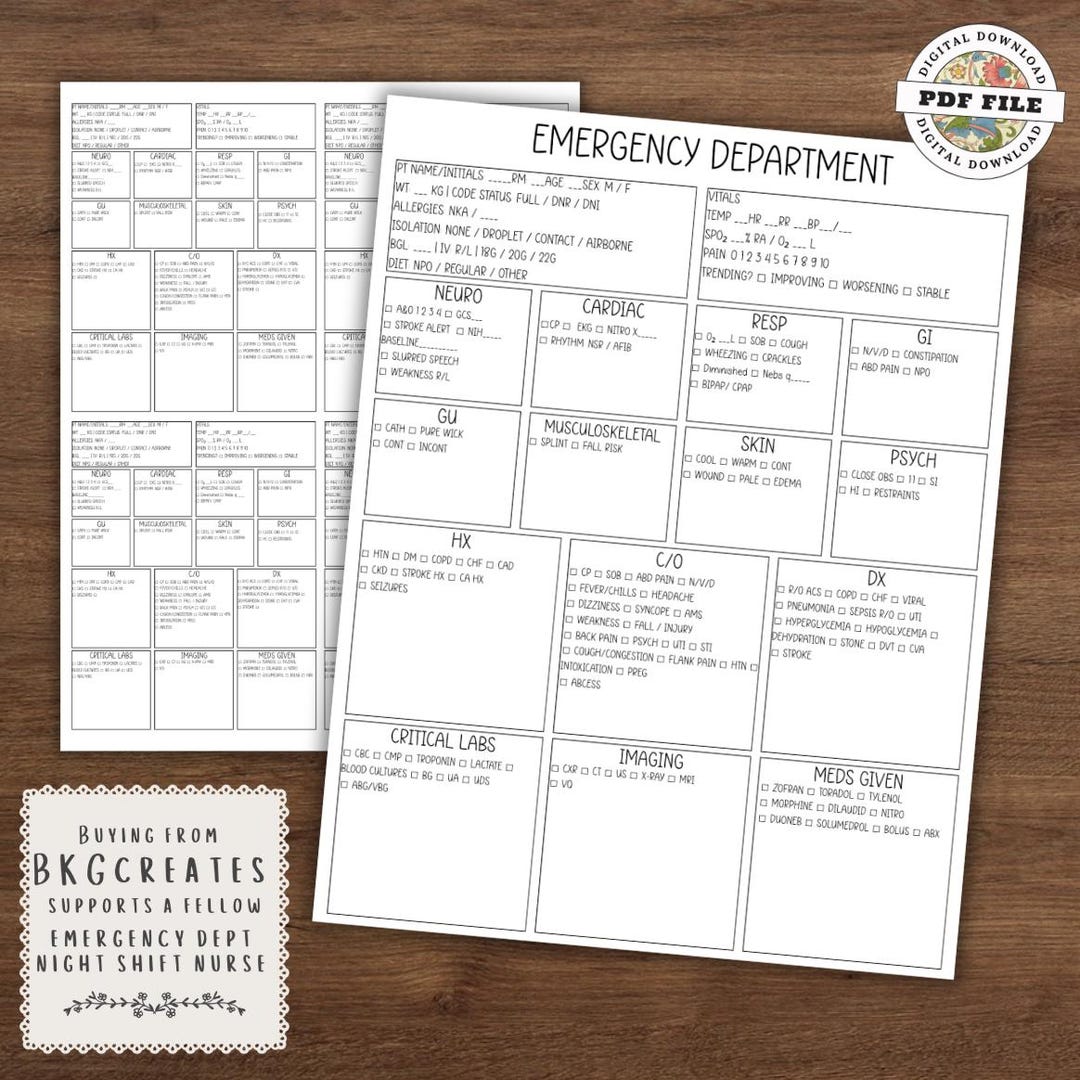 Er Notes Format Guide Emergency Department Nurse Charting Sheet • ER Chart Template • ED ...