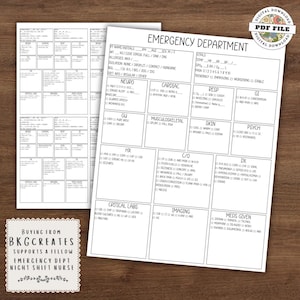 May include: Two white sheets of paper with medical assessment forms, labeled "Emergency Department." One sheet is partially visible. The forms include sections for vitals, neuro, cardiac, and other medical data. A small square graphic reads "Buying from BKGCREATES supports a fellow Emergency Dept Night Shift Nurse."