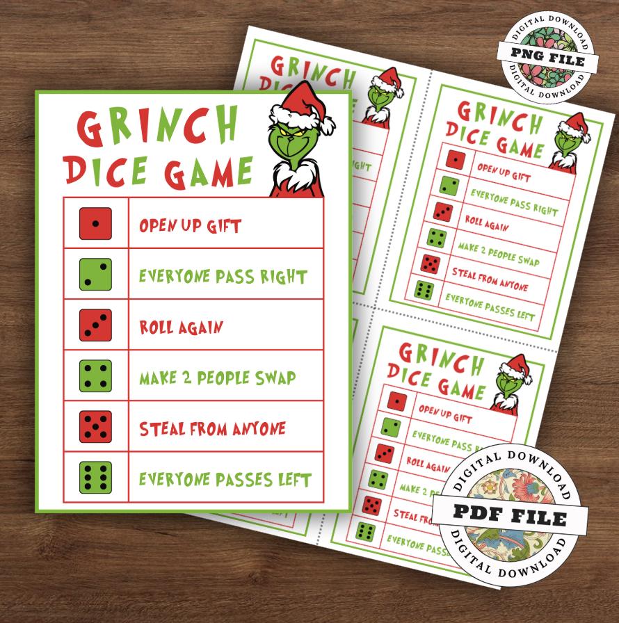 Gr Inch Dice Game Printable | Funny Christmas Party Game | Holiday Gift ...