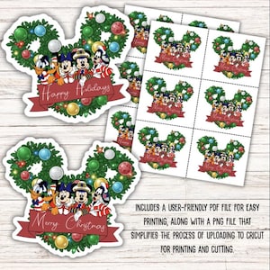 May include: Christmas-themed stickers featuring Disney characters arranged in a Mickey Mouse head shape, surrounded by a wreath with ornaments. The stickers have the text "Happy Holidays" and "Merry Christmas" on a red banner. Includes a PDF file for easy printing.