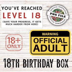 18th Birthday Box PNG | Funny Level 18 Sign, Official Adult Warning Label, 18+ Only Sticker | Digital Download Gift for 18th Bday