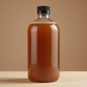 Puede incluir: Una botella de vidrio transparente llena de un líquido marrón, coronada con una tapa negra. La botella es cilíndrica y parece estar llena. El fondo es de color beige liso.