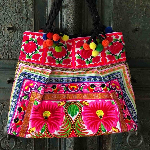 Sacs bohèmes brodés d'Asie, sacs bohèmes, grand sac fourre-tout, sac shopping, sac fourre-tout fleuri, sac à bandoulière hippie, sac thaïlandais, sac Hmong