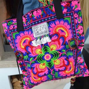 Embroidered Boho Shoulder Bag, Pink Floral Tote, Hmong Hippie Bag, Colorful Shopping Bag, Festival Boho Tote