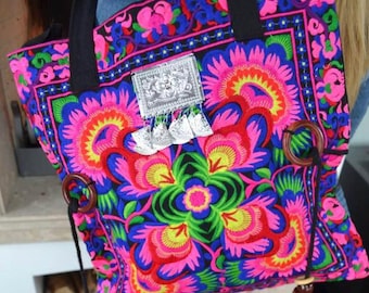 Embroidered Boho Shoulder Bag, Pink Floral Tote, Hmong Hippie Bag, Colorful Shopping Bag, Festival Boho Tote
