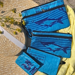 Recycled Eco-Art Envelope Zipper Pouch, handmade up cycled rice bags, small zipper pouch, purse organizer gift card bag, make up bag
