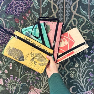 Recycled fabric zipper pouch, up cycled cosmetic purse handmade, make up bag recycled, purse organizer, Recycled Envelope Zipper Pouch