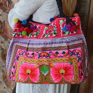 Embroidered boho tote bag, floral Hmong bag, large hippie shoulder bag, Thai boho shopping bag, colorful Ibiza style tote