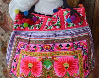 Embroidered boho tote bag, floral Hmong bag, large hippie shoulder bag, Thai boho shopping bag, colorful Ibiza style tote