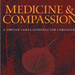 May include: Book cover with the title "MEDICINE & COMPASSION" in orange letters. The subtitle reads "A TIBETAN LAMA'S GUIDANCE FOR CAREGIVERS." The background is a dark red with a leaf design. A quote at the top reads "A remarkable book."