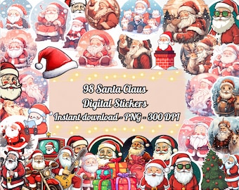 98 Bundle Santa Claus Digital Stickers, Santa Claus with Reindeer,  Kawaii Christmas Stickers, Instant Download, Digital Printable, 300 DPI