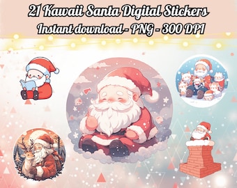 21 PNG KAWAII Santa Claus Digital Stickers, Santa Claus with Reindeer, Cute Christmas Stickers, Instant Download, Digital Printable, 300 DPI