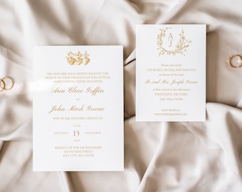 Gold Floral Catholic Wedding Invitation Suite (Canva Template)