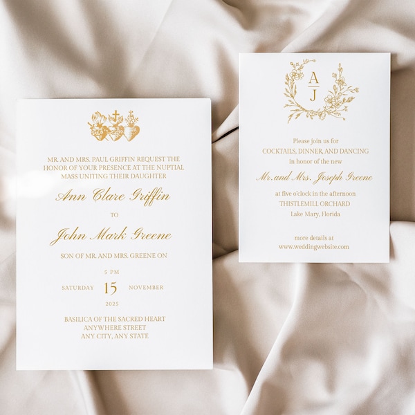 Catholic wedding invitation suite, simple gold religious wedding invitation