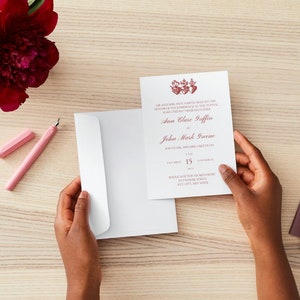 Suite de invitación de boda católica, invitación de boda religiosa roja simple, Sagrado Corazón, Sagrada Familia