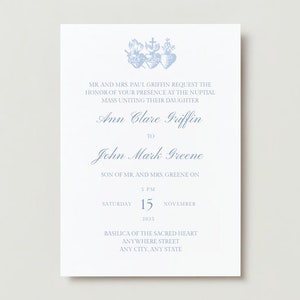 Suite de invitación de boda católica, invitación de boda religiosa azul simple, corazones sagrados