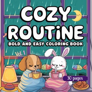 Pode incluir: Ilustração colorida para um livro de colorir intitulado "COZY ROUTINE". A capa apresenta um cão e um coelho, ambos envoltos em cobertores, bebendo em canecas. O fundo mostra uma janela chuvosa com uma lua crescente. O livro é rotulado como "BOLD AND EASY COLORING BOOK" e "Vol. 1."