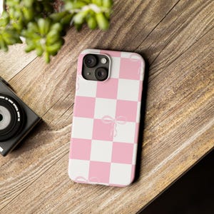 Checkered Slim Phone Case, Coquette Pink Bow iPhone Cover, Preppy Gift for Her, iPhone 11, 12, 13, 14, 15, 16, Protective Case, Stylish Gift