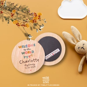 Magnet en bois annonce naissance, faire part magnet pour bébé, petit cadeau remerciement naissance bébé fille ou garçon (lot de 10)
