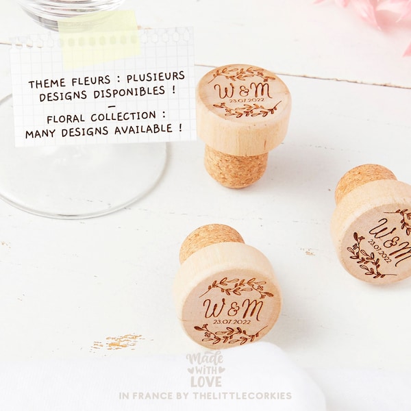 Bouchon de vin bois thème fleur, roses, jardin, mariage romantique, cadeau invité fleuri, cadeau invité personnalisé