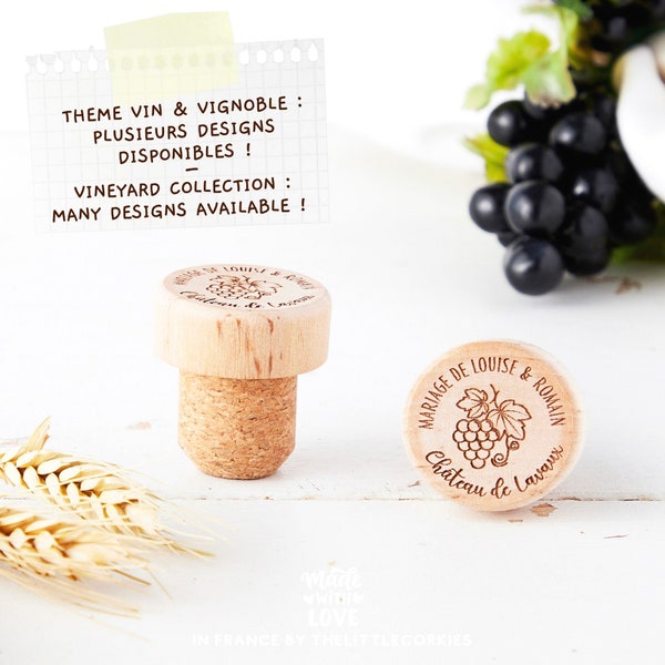 Bouchon personnalise en bois, cadeau invite mariage theme vin, boheme, rustique, romantique | 9 designs personnalisables